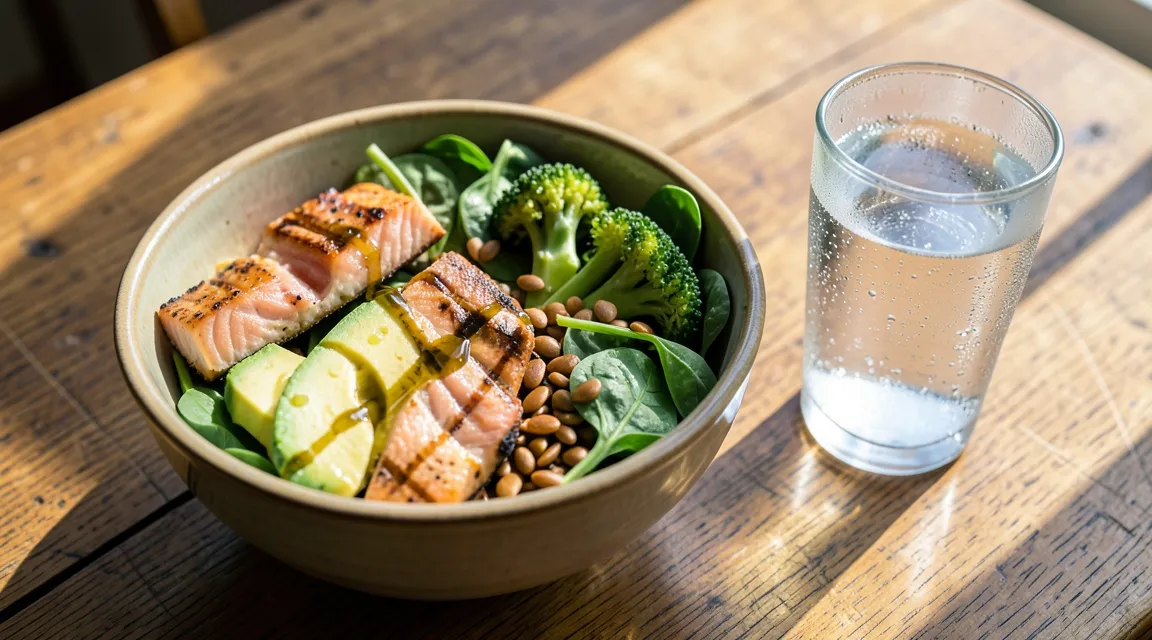 Balanced meal bowl with wild salmon and avocado to support healthy blood sugar and insulin levels.