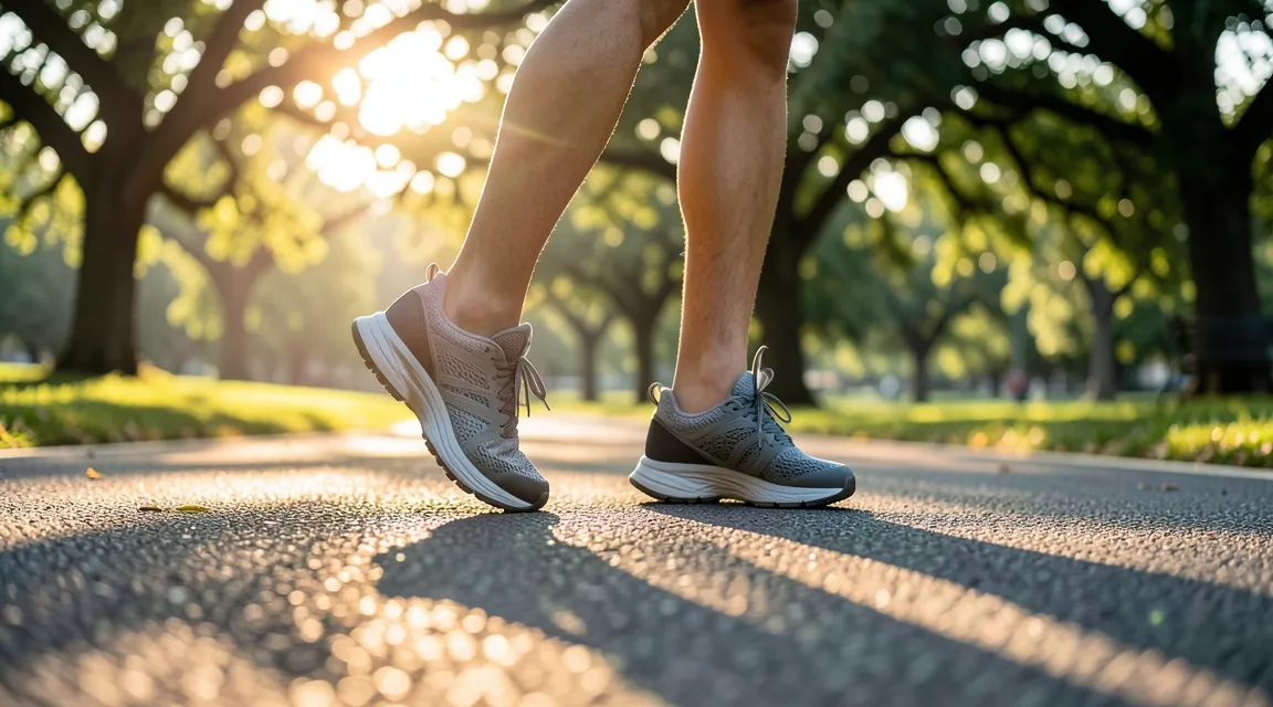 Person taking a brisk walk in a park to lower blood sugar and improve insulin sensitivity.