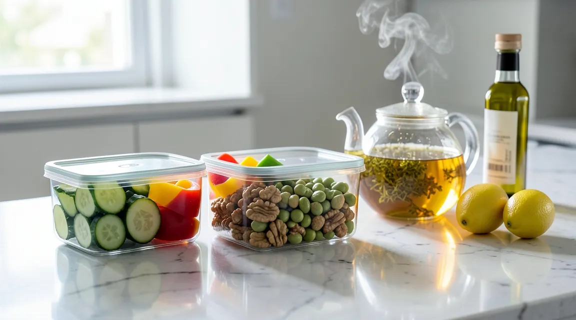 Healthy meal prep with fresh vegetables and nuts to maintain stable blood sugar levels.