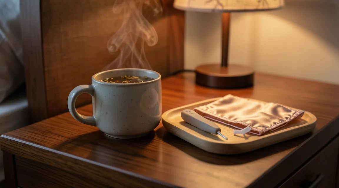 Evening relaxation routine with herbal tea supporting sleep quality and insulin regulation.