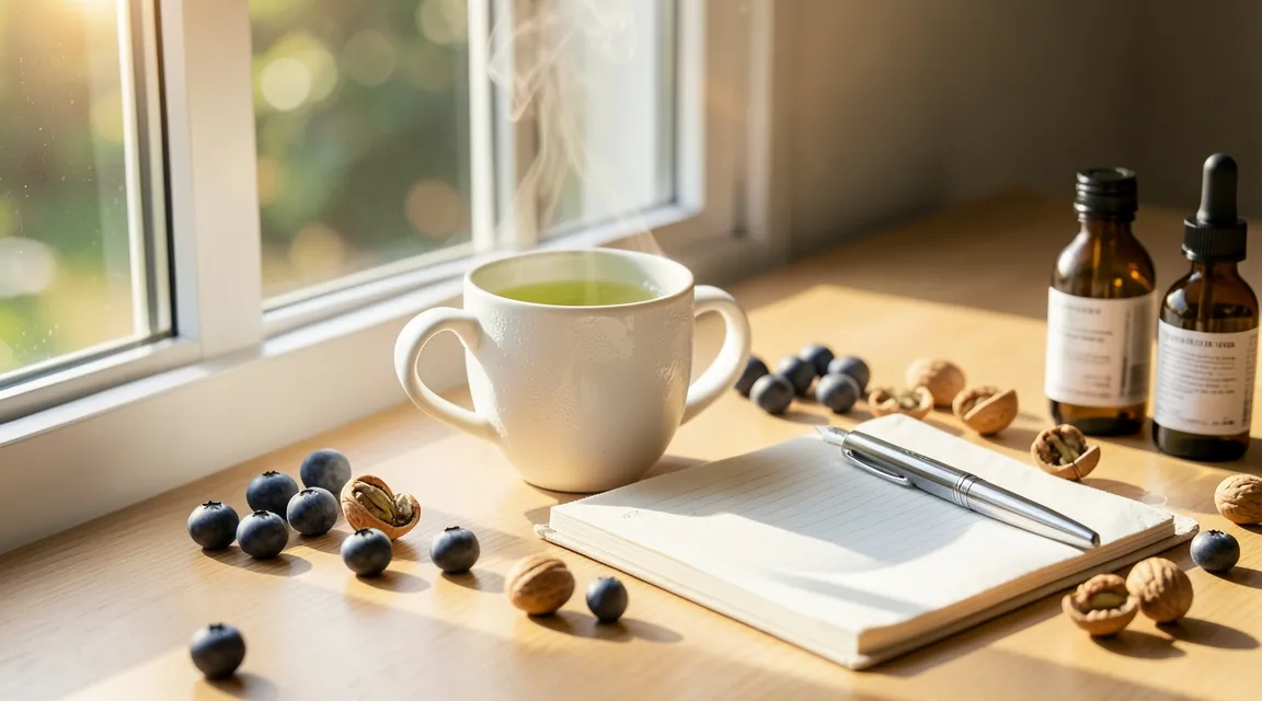 A serene workspace with green tea, walnuts, blueberries, and amber supplement bottles on a sunlit wooden desk.