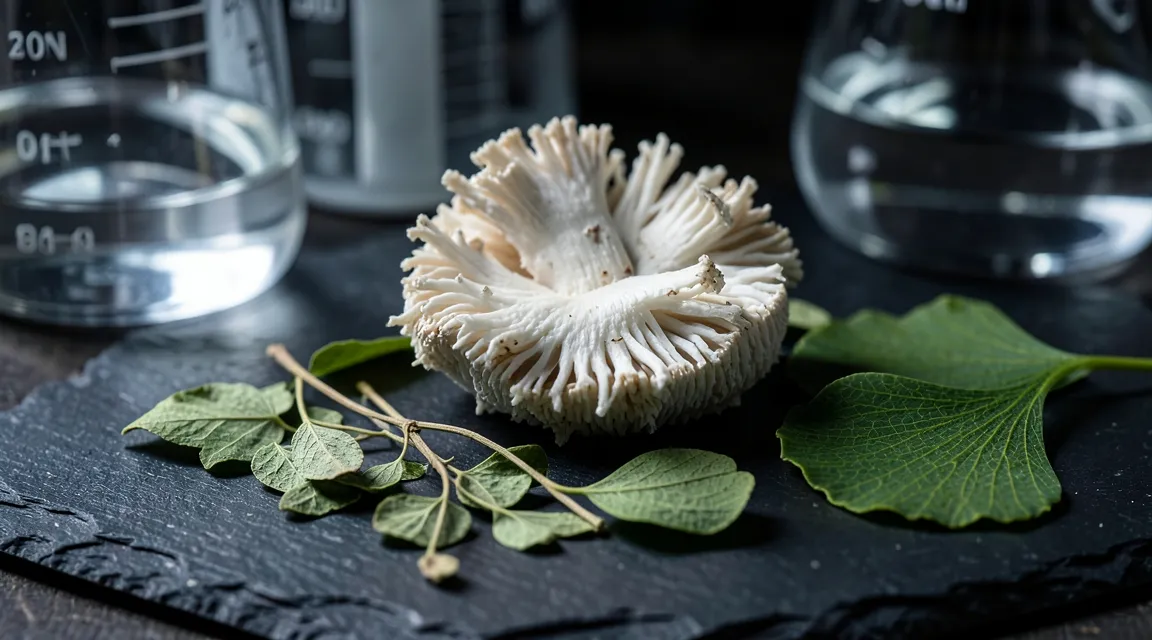 Close-up of Lion's Mane mushroom, Bacopa leaves, and glass beakers for natural brain health research.