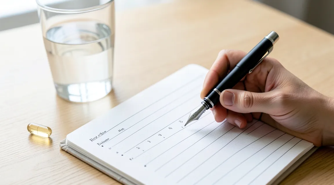 A hand writing in a daily wellness journal next to a glass of water and a supplement capsule on a wooden desk.