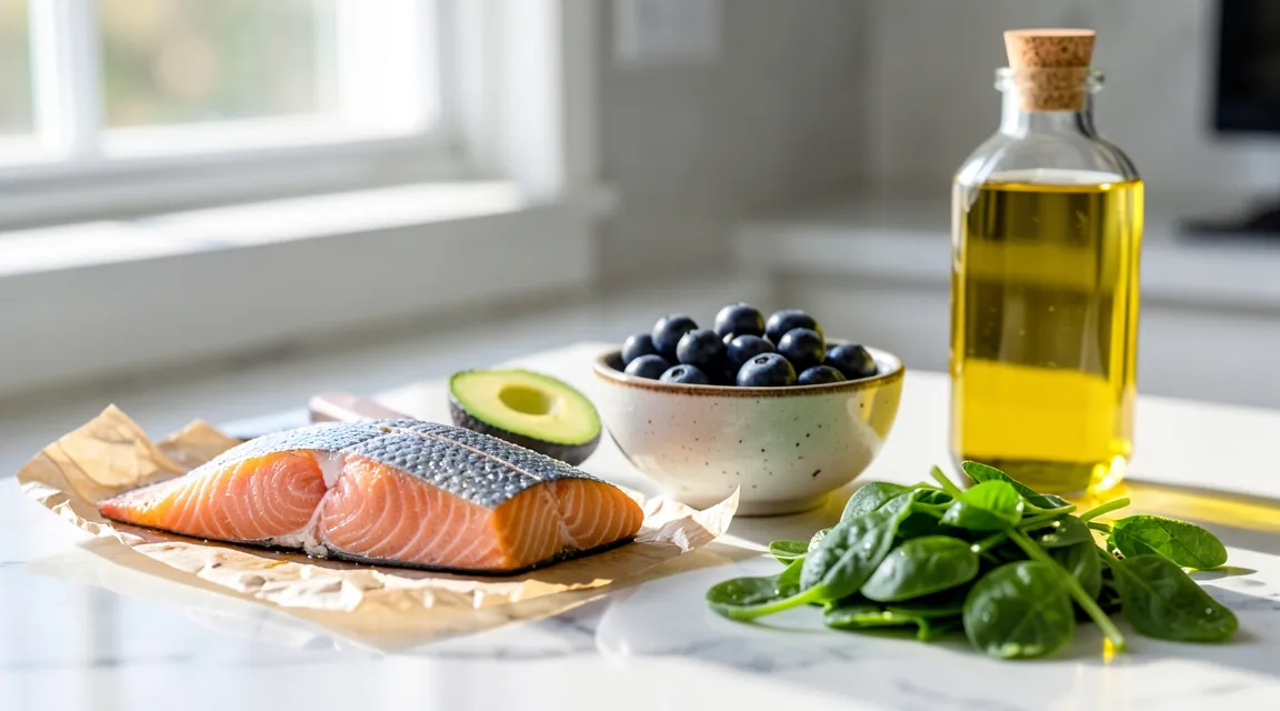Fresh brain foods including wild salmon, avocado, blueberries, spinach, and olive oil on a marble counter.