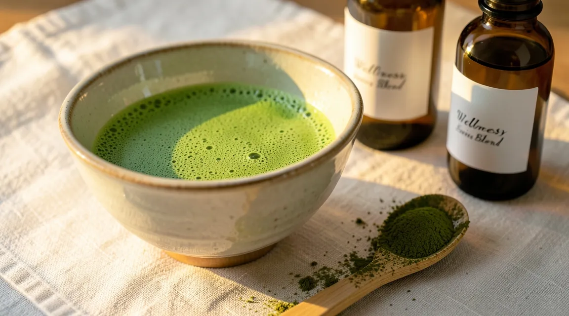Frothy matcha green tea bowl next to natural supplement jars on a rustic linen table in morning sunlight.