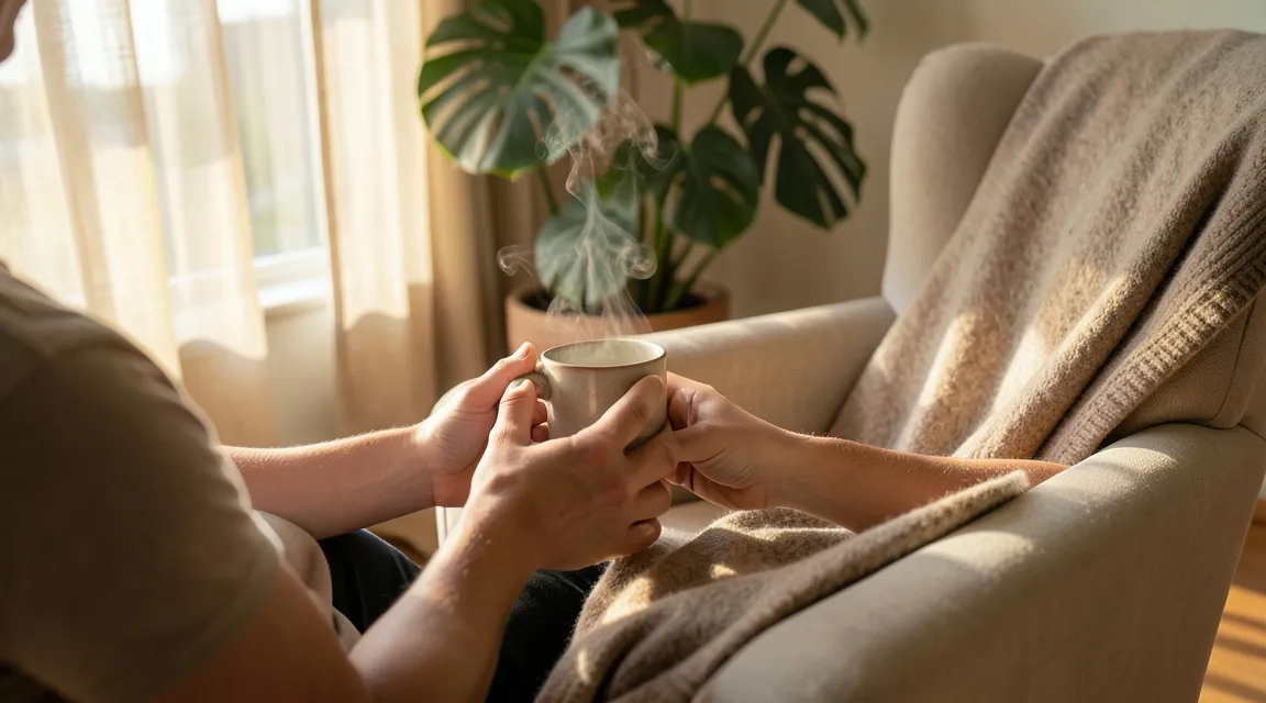Cozy sunlit room representing the peaceful beginning of a realistic burnout recovery timeline.