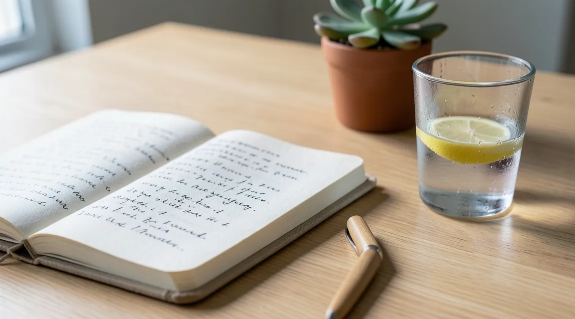 Screen-free minimalist wooden desk with a wellness journal and water, supporting burnout recovery planning.