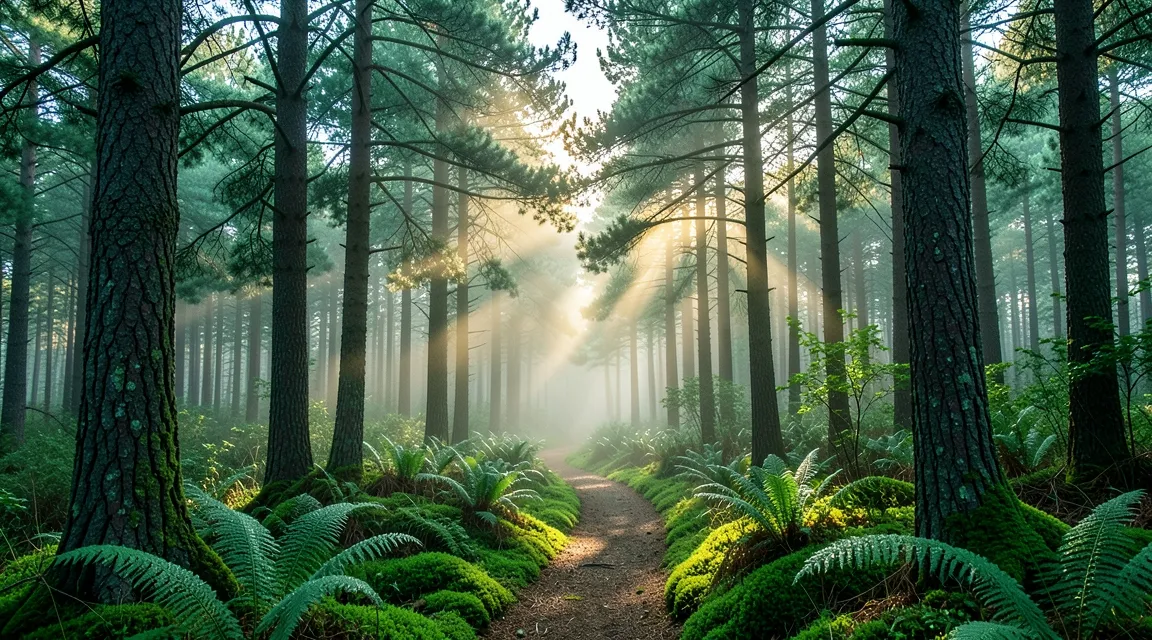 Peaceful forest trail in morning sun, encouraging gentle movement and chronic exhaustion healing.