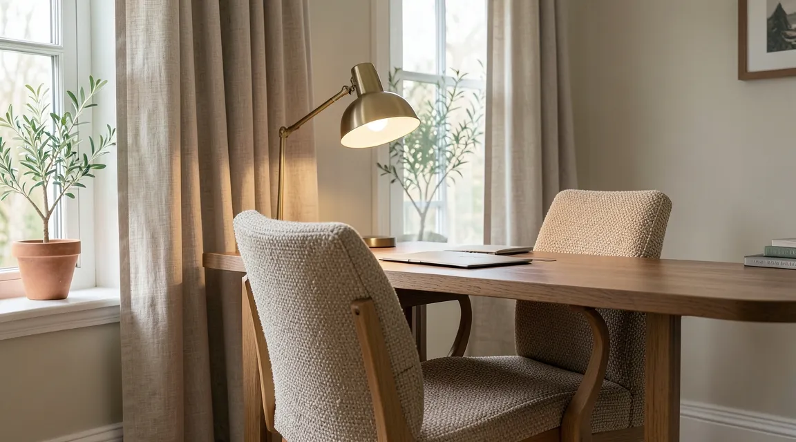 Calming home office with natural light and plants promoting sustainable pacing to prevent burnout relapse.