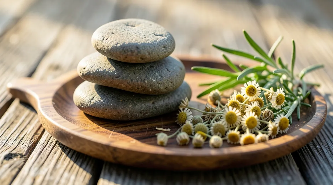 Balanced river stones and herbal tea symbolizing sustainable energy pacing and burnout recovery.
