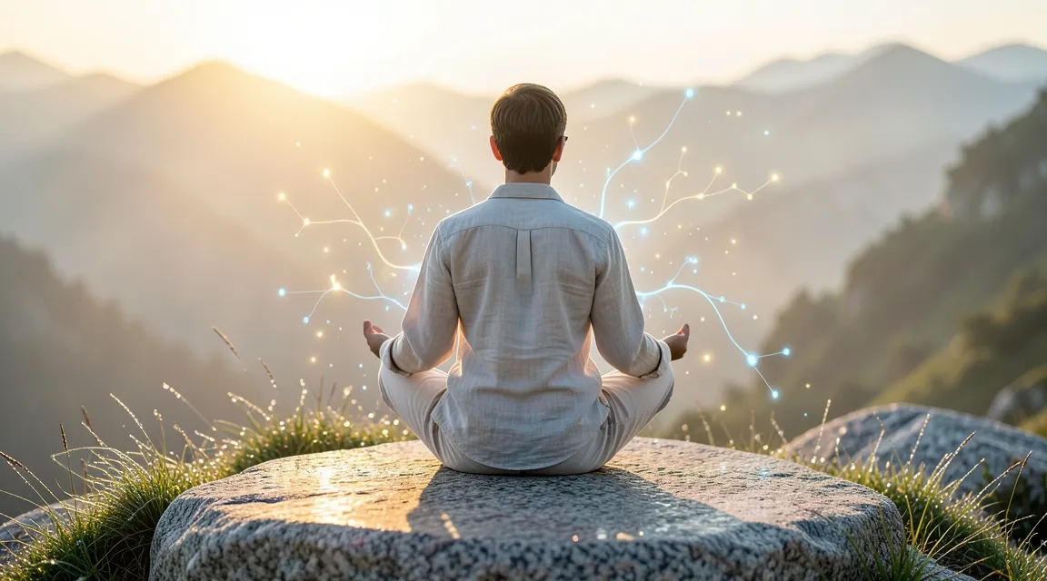 Meditator sitting at sunrise surrounded by glowing light particles symbolizing meditation brain rewiring.