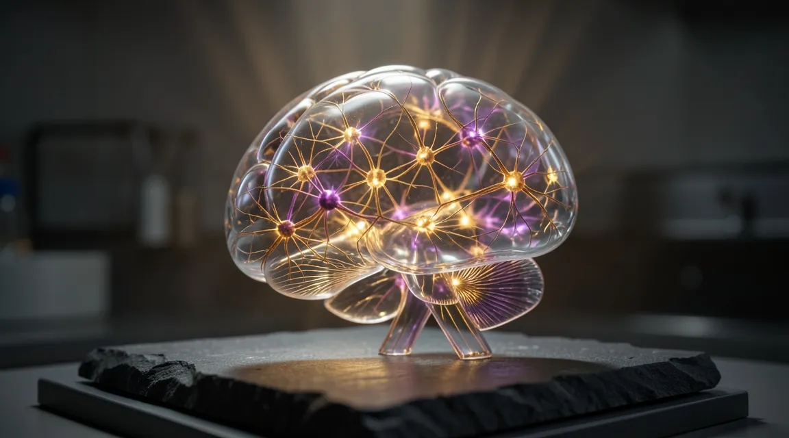 Translucent anatomical brain model illuminated with golden neural pathways demonstrating neuroplasticity.