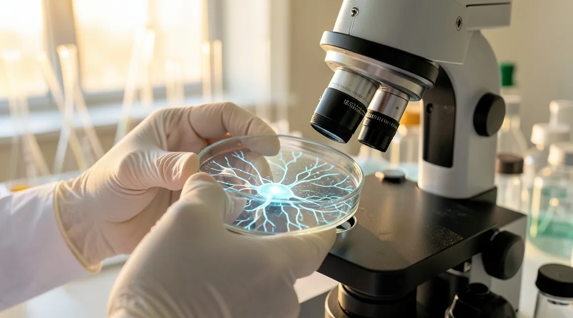 Scientist holding petri dish with cultured neurons studying meditation effects on cellular growth.