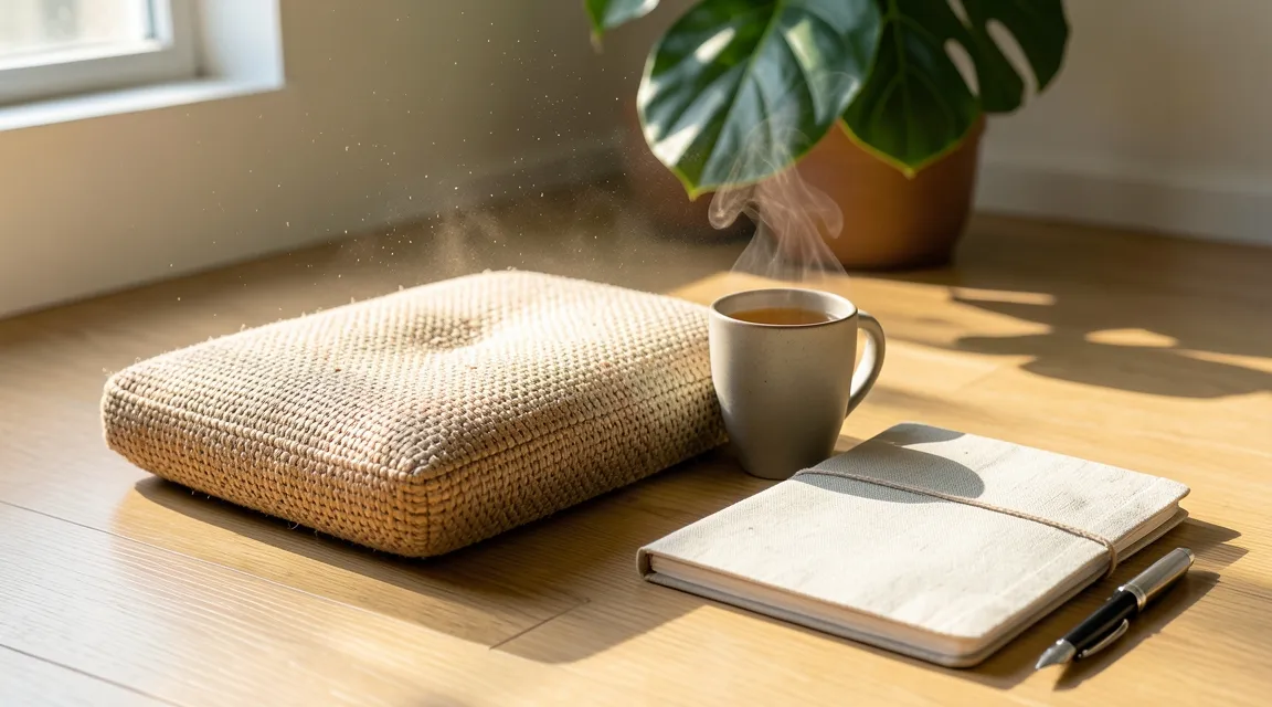 Mindful morning meditation corner with cushion, herbal tea, and journal in warm sunlight.