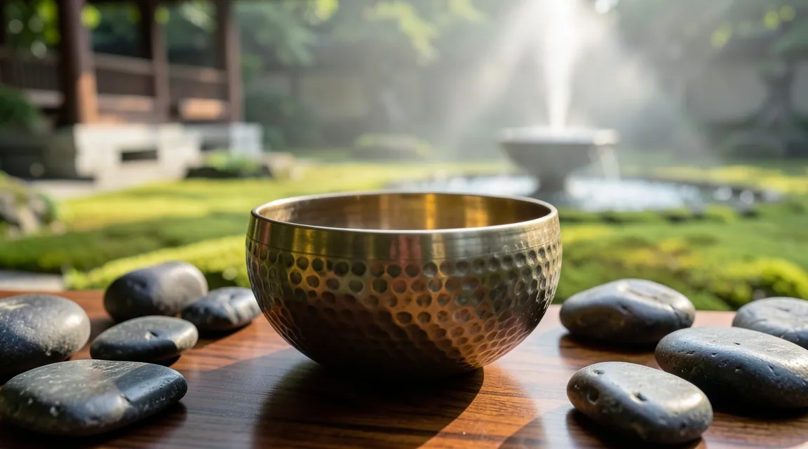 Tibetan singing bowl and river stones in a peaceful Zen garden supporting mind-body balance.