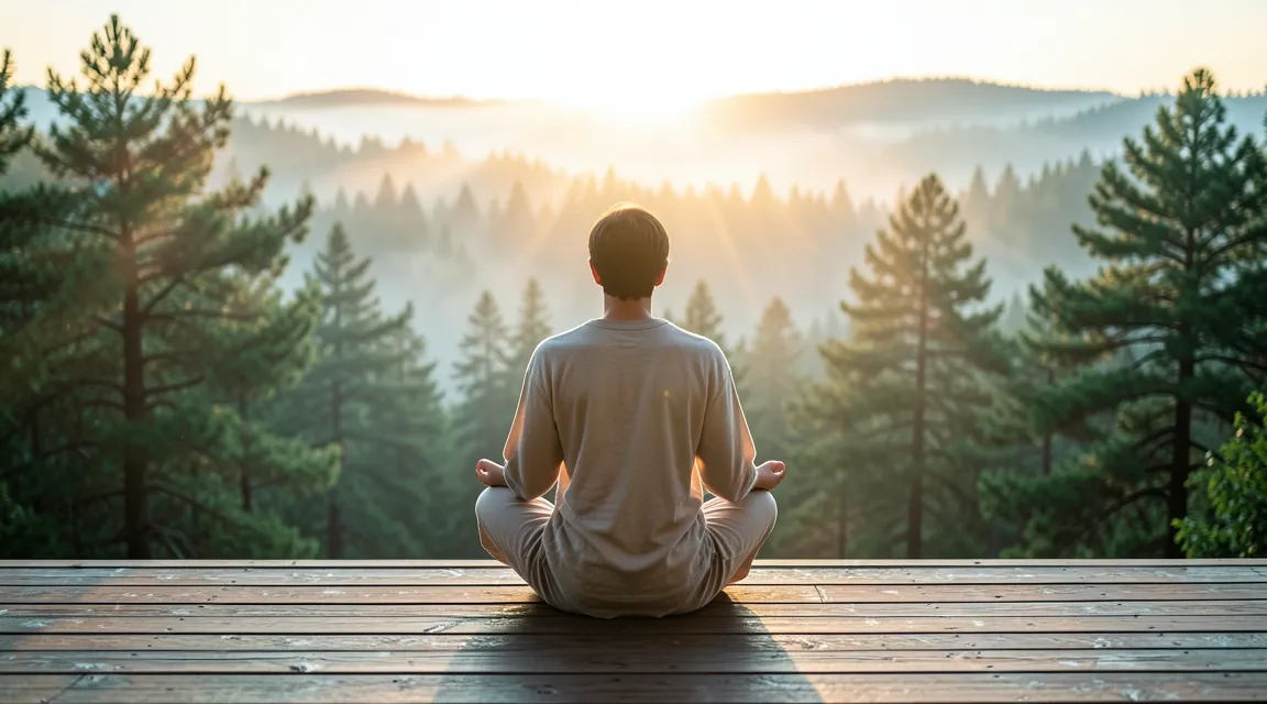 Meditator seen from behind overlooking misty sunrise forest representing meditation brain rewiring.