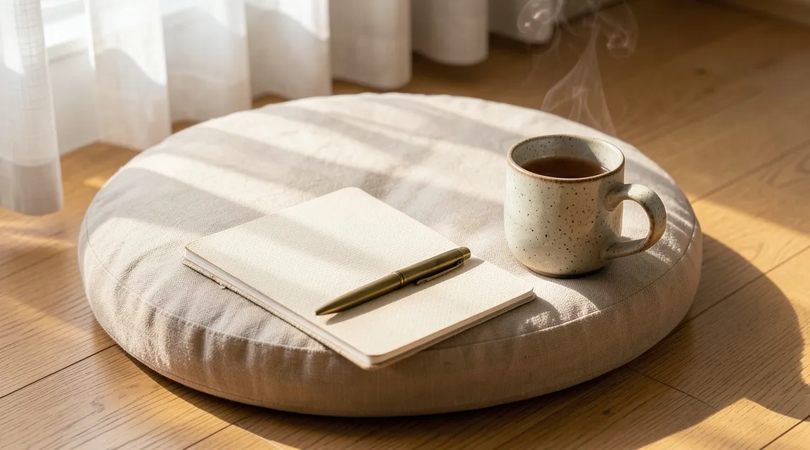 Minimalist morning meditation space with linen cushion, steaming tea, and open journal by a window.
