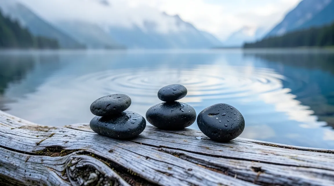 Balanced river stones over tranquil water reflecting mental stillness and cognitive resilience.