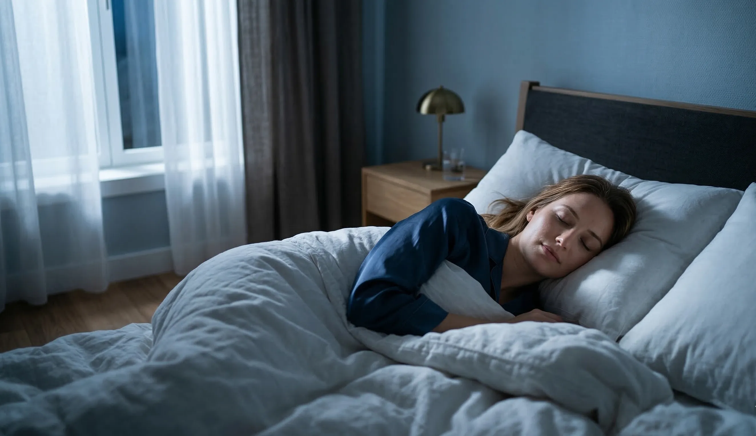 Una mujer durmiendo profundamente, mostrando los beneficios del sueño de un ritmo de cortisol equilibrado.
