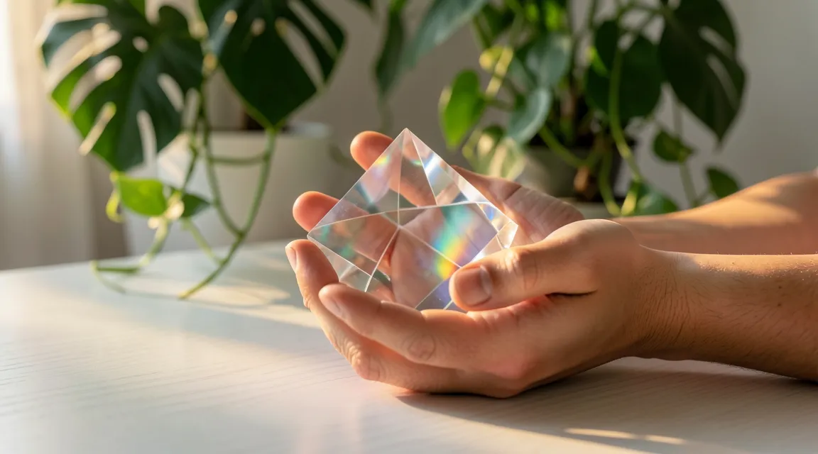 Hands holding a glass prism reflecting light, symbolizing emotional intelligence EQ and mental balance.