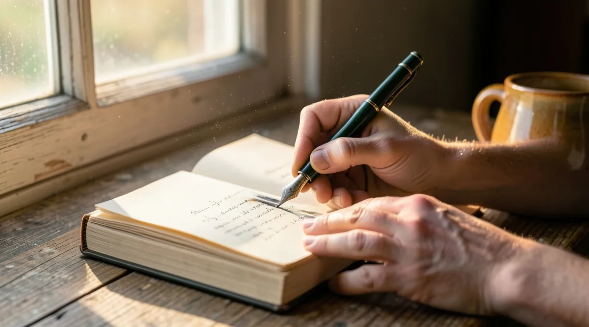 Close-up of hands writing in a journal by a window, representing self awareness skills and reflection.