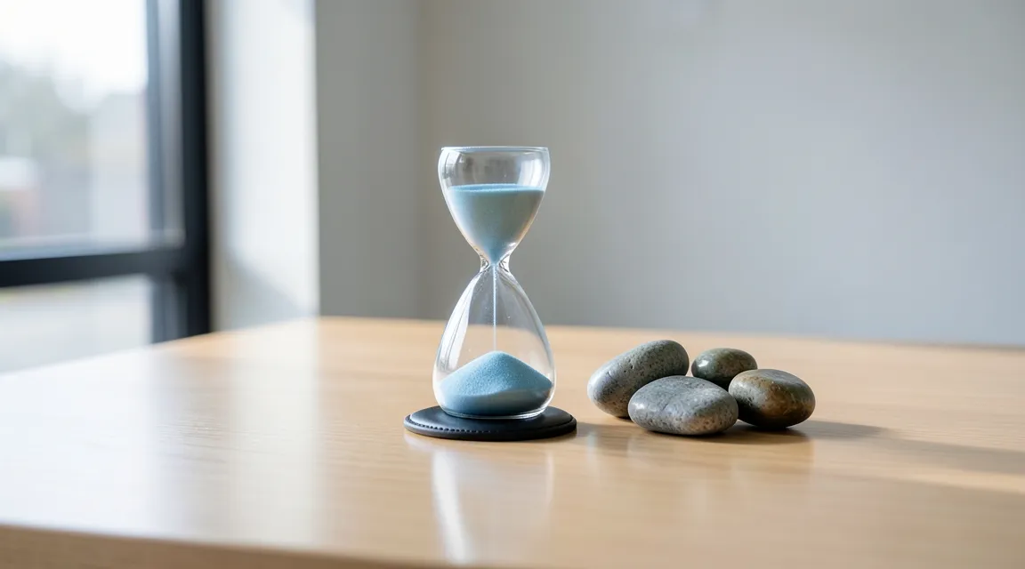 An hourglass and balanced zen stones on a desk, representing emotional regulation and mindful pause.