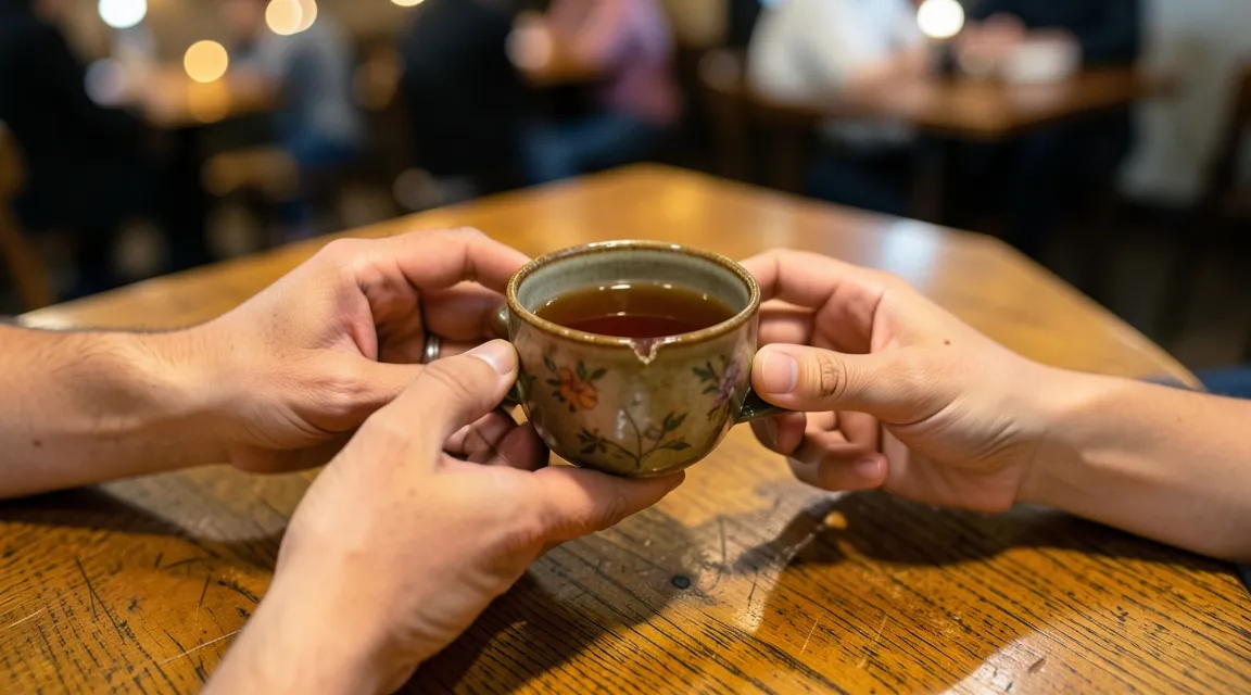 Two pairs of hands sharing warm tea at a table, symbolizing empathy and meaningful social connection.