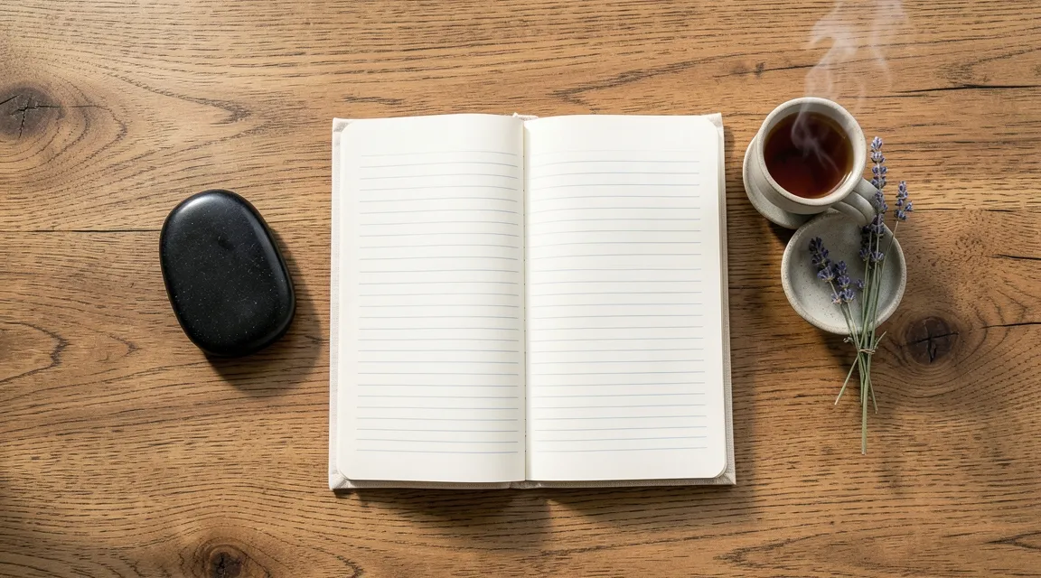 Flat lay of a wellness journal, tea cup, and meditation stone for building a high emotional quotient.