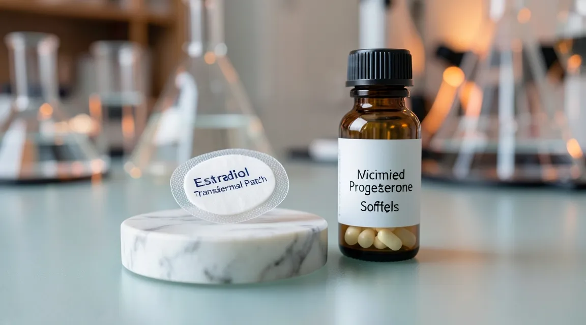 Transdermal estrogen patches and micronized progesterone capsules on a clinical table.