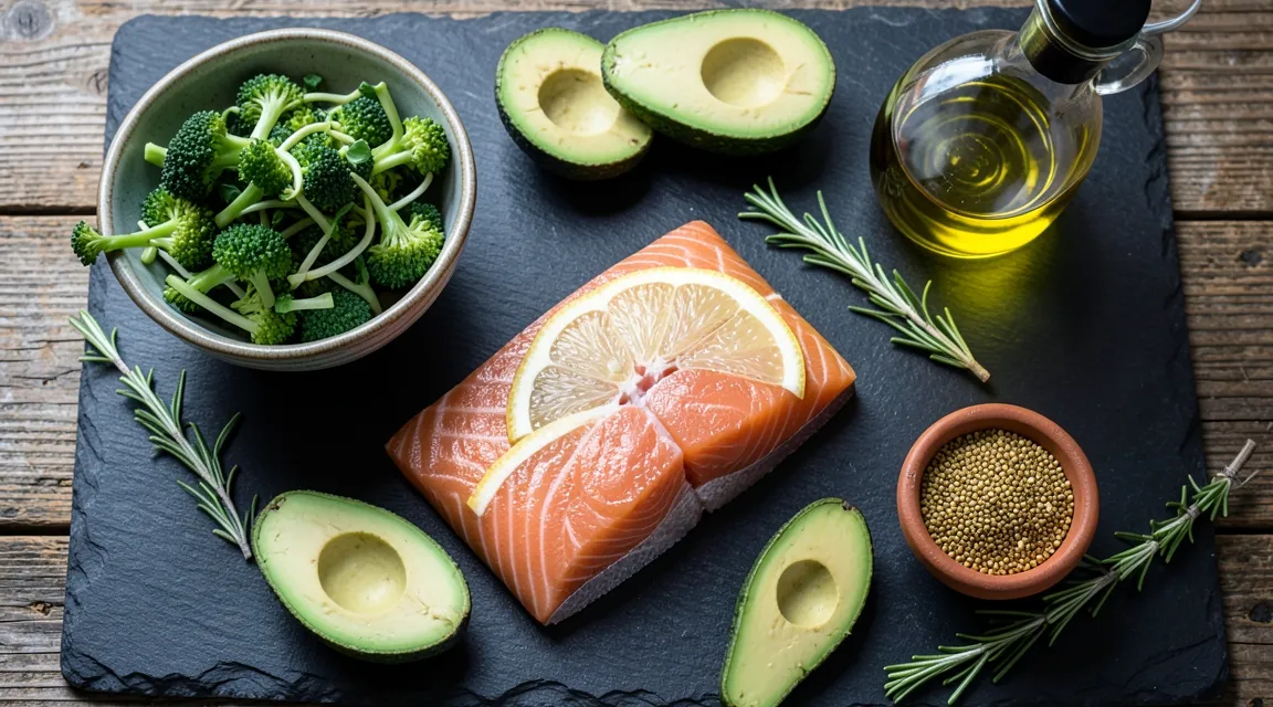 Hormone-balancing foods including wild salmon, broccoli sprouts, avocado, and flaxseeds.