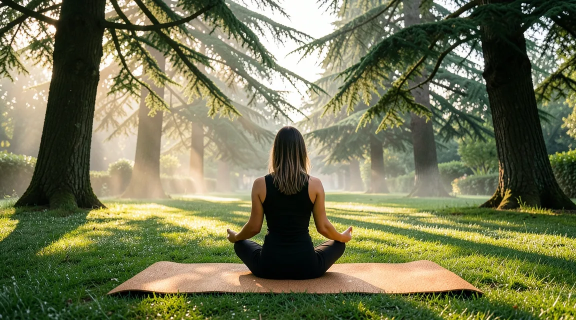 Peaceful woman practicing outdoor yoga in nature for stress relief and endocrine health.