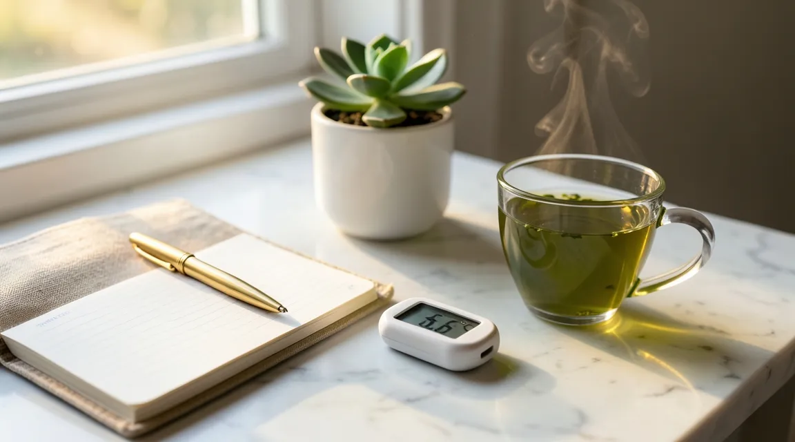 Personal wellness journal and warm tea on a bedside table for tracking daily symptoms.