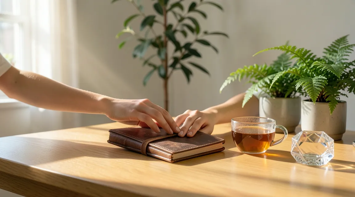 Sunlit workspace with open journal and green botanical plants representing hormone balance and mental clarity.