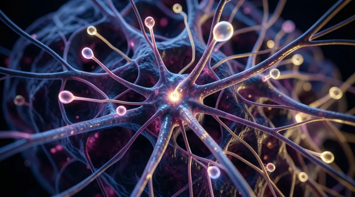 3D scientific visual of brain synapses and neuroendocrine hormone receptor pathways in deep focus.