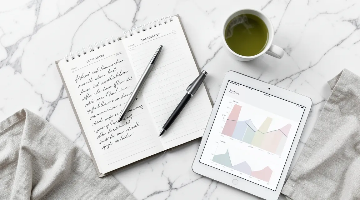 Flat-lay composition of a cycle tracking calendar, fountain pen, and tablet for cognitive task planning.