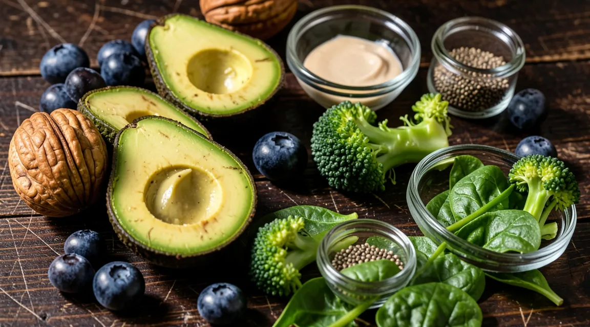 Spread of Mediterranean brain-supporting foods including avocado, walnuts, berries, and leafy greens.