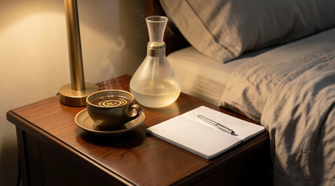 Serene nighttime bedside setup with warm light and herbal tea for restorative sleep and cortisol regulation.