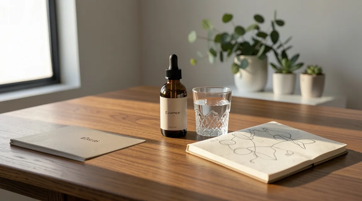 Minimalist desk with botanical extracts and water promoting nootropics brain health.