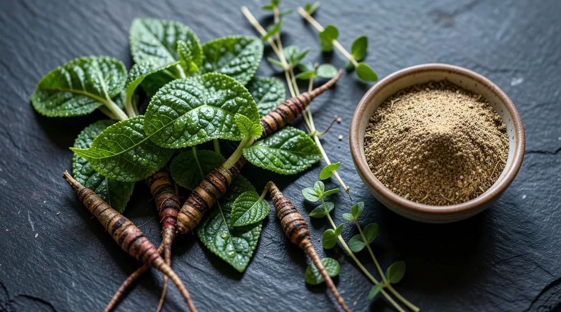 Fresh green tea leaves and adaptogenic herbs like Bacopa monnieri for focus supplements.