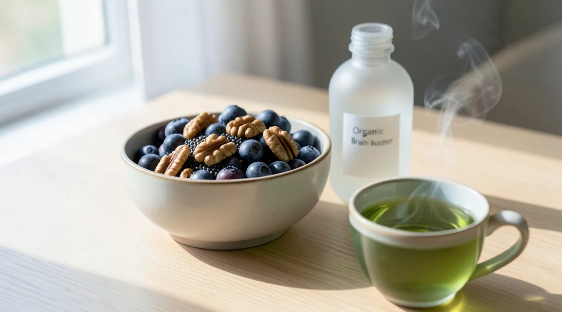 Balanced brain foods with walnuts and berries alongside a daily wellness supplement routine.