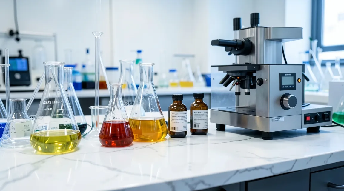 Laboratory glassware and amber bottles demonstrating third-party quality testing standards.
