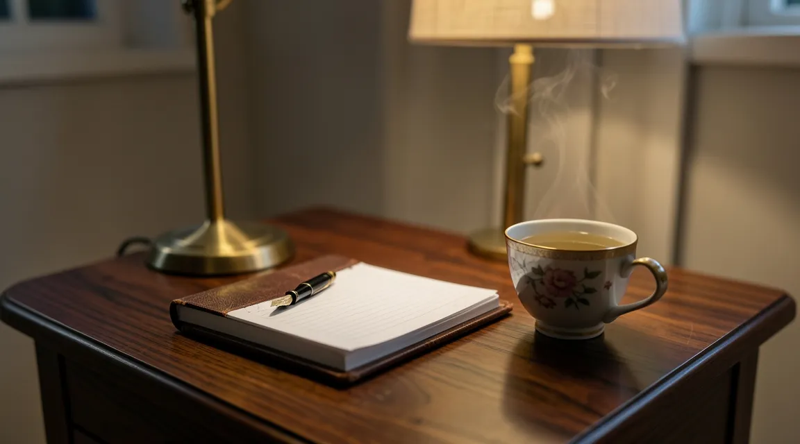 Calming evening workspace with herbal tea and journal for sustained cognitive recovery.