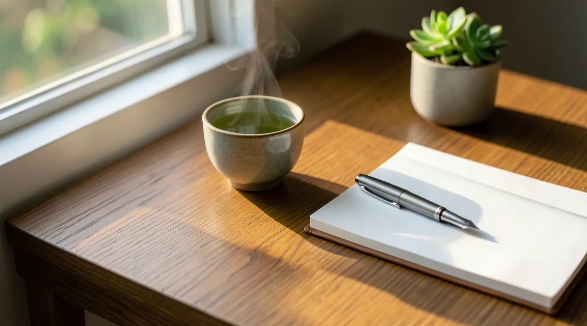 Minimalist desk with green tea and notebook in natural sunlight, representing mental focus and clarity.