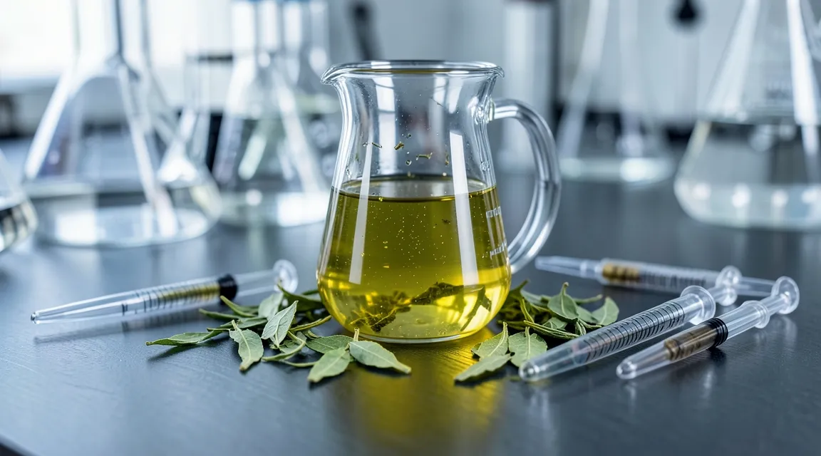 Laboratory beaker with green tea extract and botanicals on clean slate for nootropic research.