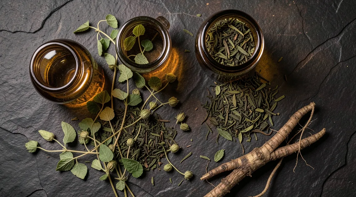 Flat-lay of raw Bacopa monnieri and whole green tea leaves in amber glass jars on stone surface.