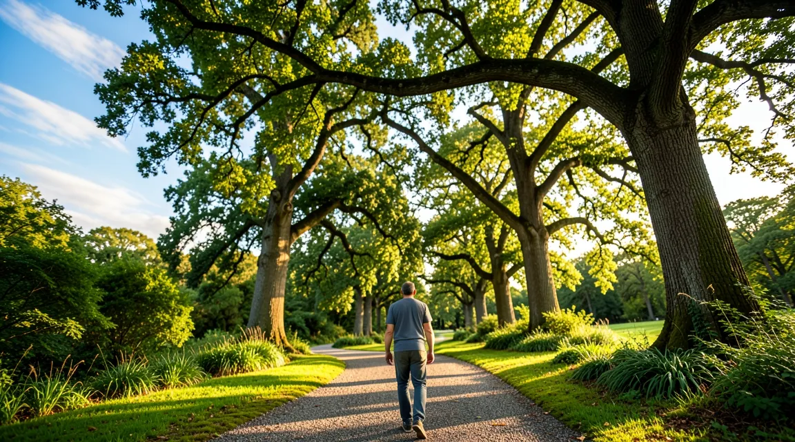 Person walking through a lush green park in dappled sunlight, promoting mental restoration and clarity.