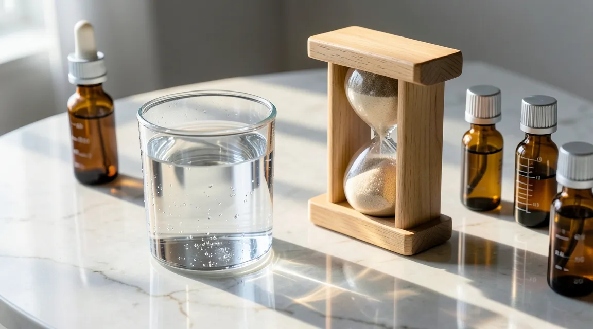 Glass of water, wooden hourglass, and amber dropper bottles on marble, showing a mindful focus routine.