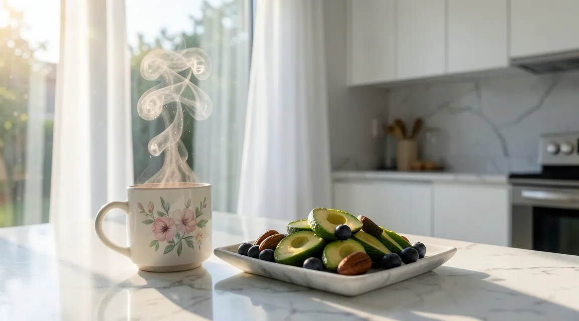 Natural breakfast with herbal tea and nutrient-dense foods supporting thyroid health and metabolism.
