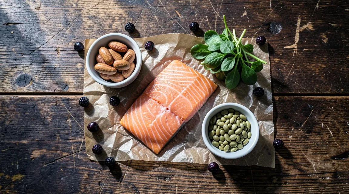Flat lay of thyroid-supportive foods with wild salmon, Brazil nuts, and leafy greens for metabolic balance.