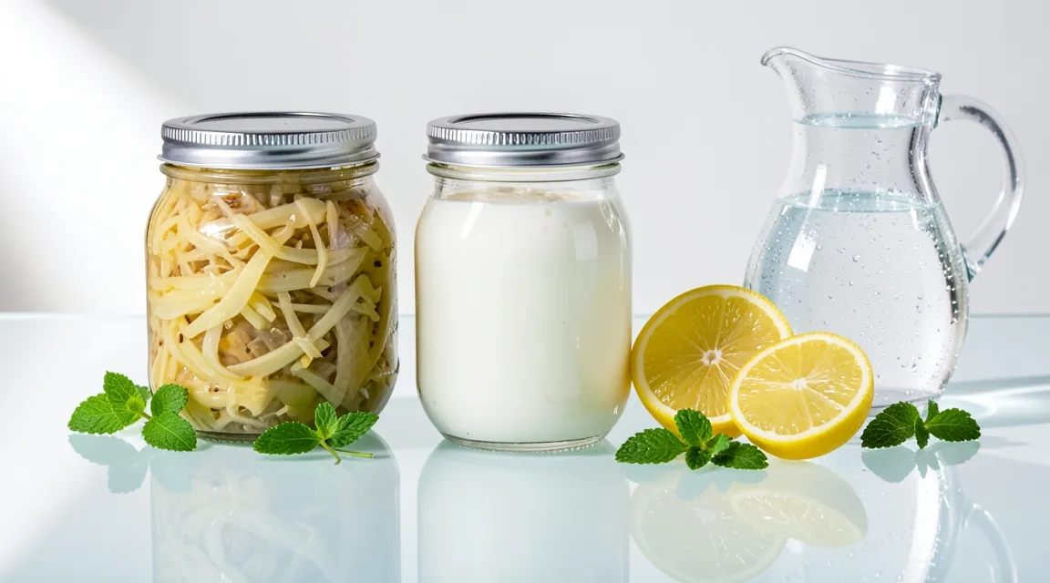 Gut-friendly fermented foods and citrus infused water to support liver health and thyroid hormone activation.
